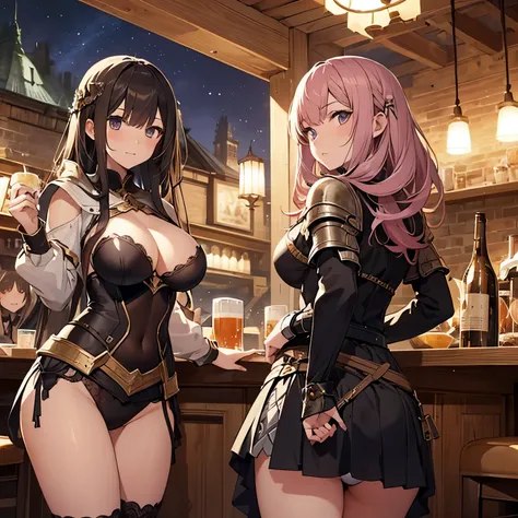 A group of female adventurers set in a medieval fantasy world, (At the pub), Mr.々Hair style, Harem, night, Detailed aspect, Short skirt, Seduce, No sleeve, armor 、showing off panties、Huge Breasts