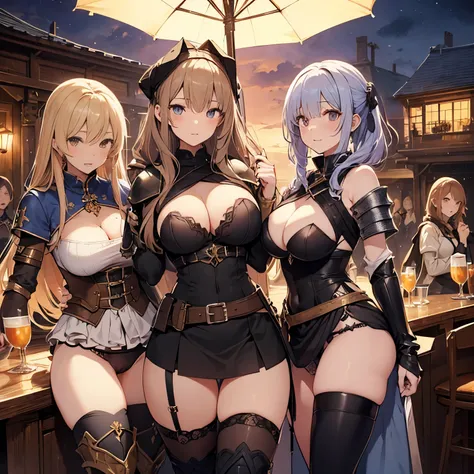 A group of female adventurers set in a medieval fantasy world, (At the pub), Mr.々Hair style, Harem, night, Detailed aspect, Short skirt, Seduce, No sleeve, armor 、showing off panties、Huge Breasts、Big Ass、wide waist width