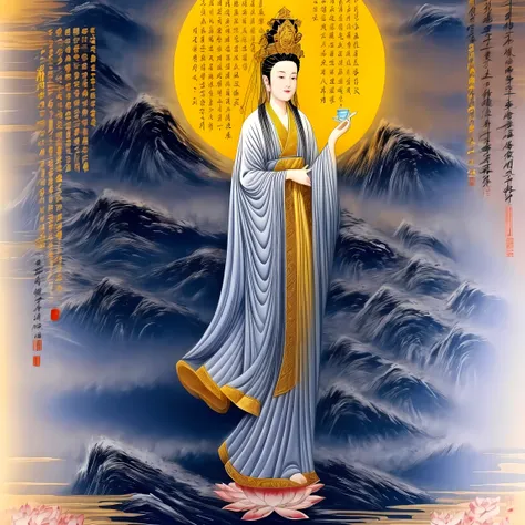 ((best quality)), ((masterpiece)),
((guanyin,1girl)),((chinese text,  text focus,wall of text)),water and mountain, lotus,full m...