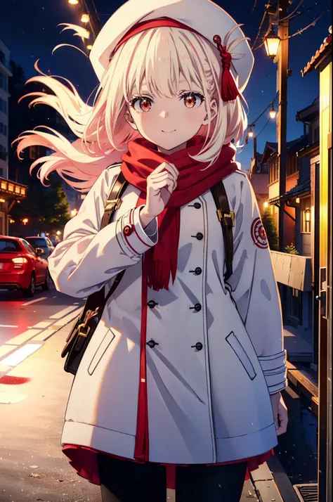 chisatonishikigi, nishikigi chisato,Long Hair , bangs, blonde, (Red eyes:1.5),happy smile, smile, Open your mouth,White knit hat,White Coat,Red Scarf,White Sweater,Hands in coat pockets,Long skirt,Black pantyhose,short boots,Shirogane World,Snow is piling ...