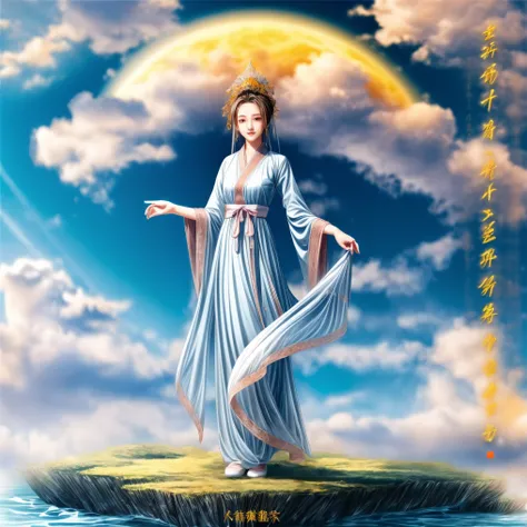 ((best quality)), ((masterpiece)),
((guanyin,1girl)),((chinese text,  text focus,wall of text)),water and cloud, lotus,full moon...