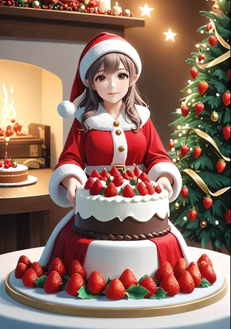 Cute female dwarf Santa Claus sitting on a Christmas cake、Cake on the table、White cream decorated with strawberries and raspberries、Christmas tree、Electric spectaculars、Silent Night、Soft light source、Photo-like、8K、16K、High color rendering