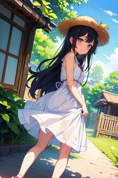 Summer countryside　Elementary school girl ８age　Flat chest　５Head to Body　Black Hair　long hair　Purple Eyes　smile　White summer dress　The dress is transparent in the sunlight　White panties （（Panties are visible））　Straw hat　Wearing sandals　Standing in the garde...