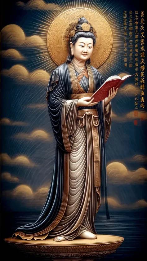 ((best quality)), ((masterpiece)),
((guanyin,1girl)),((chinese text,  text focus,wall of text)),water and cloud, lotus,full moon...