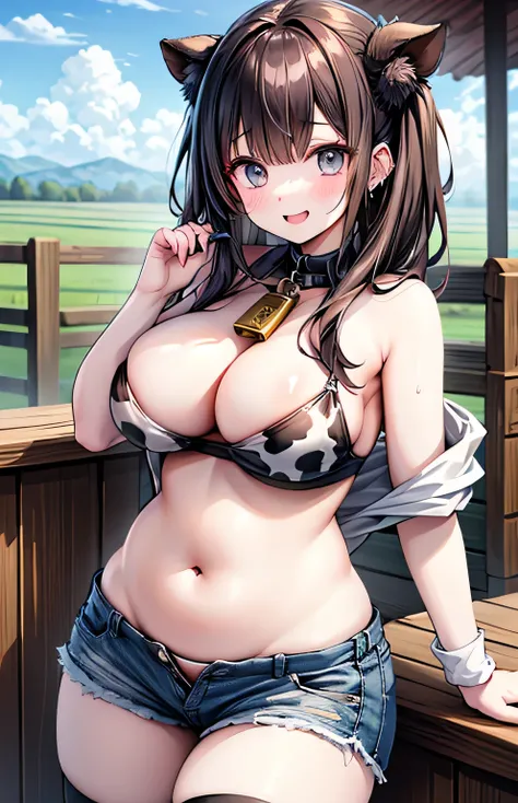 Anime illustration、highest quality、Short high school girl、Transistor Grammar、Cowbell collar、big belly button piercing、Holstein daughter、Cow print tube top、hot pants、Cow print knee socks、Perfect proportions、vast ranch、Pasture、Cowshed、Clear skies、overwhelmin...