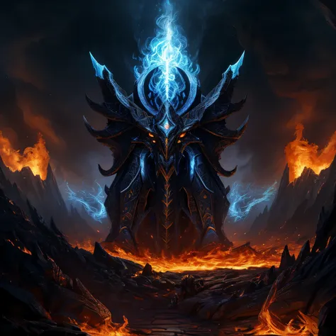 In the foreground, a Primal Blue Metal Triskelion with intricately detailed arms stands still, its symbolic emblem gleaming under the harsh light. In the background, an infernal scene unfolds as black burning flames engulf a vast expanse. Below the fiery c...