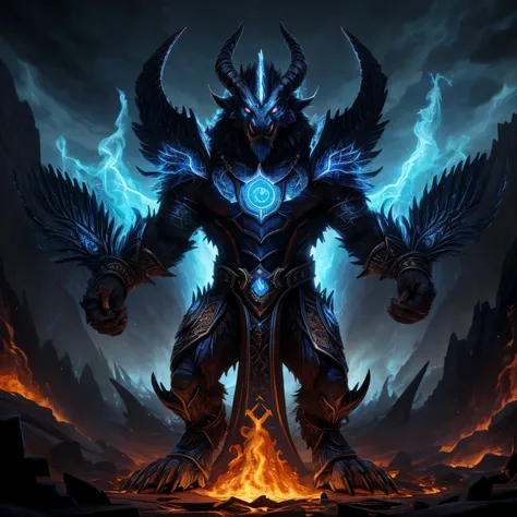 In the foreground, a Primal Blue Metal Triskelion with intricately detailed arms stands still, its symbolic emblem gleaming under the harsh light. In the background, an infernal scene unfolds as black burning flames engulf a vast expanse. Below the fiery c...