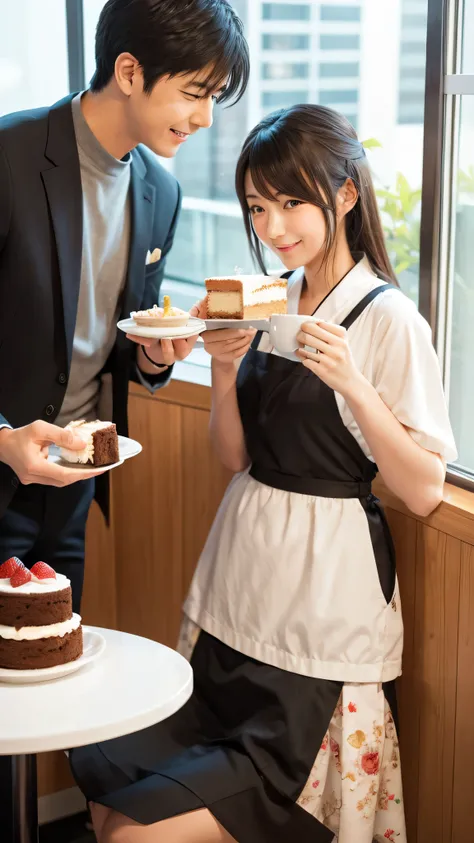 A couple enjoying cake and coffee　Japanese anime style