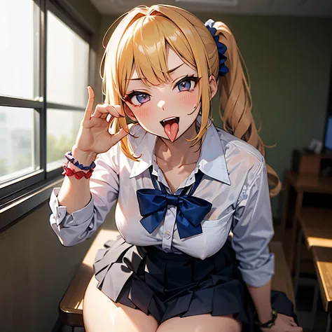 fellatio gesture,fingers around tongue
naughty smile,mock,troubled face, disgusting, disdaining,
gyaru, collarbone, bow, loose bowtie, white shirt, collared shirt, long sleeves, bracelet, wrist scrunchie,blue skirt, pleated skirt,
clothes around waist,