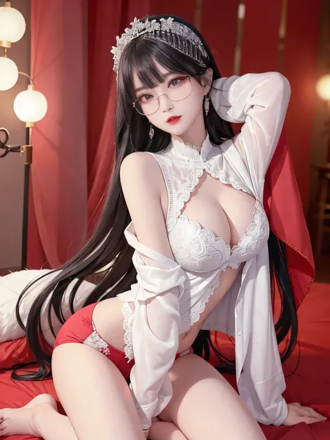 Top image quality、Raw photography、A high resolution、20-year-old cool Korean、big round chest、thin silk jacket、red lace underwear、Beautiful Eyes of Details、very elongated eyes、Beautiful eyelashes、Beautiful double eyelids、eyeshadows、 long legs,medium thighs, ...