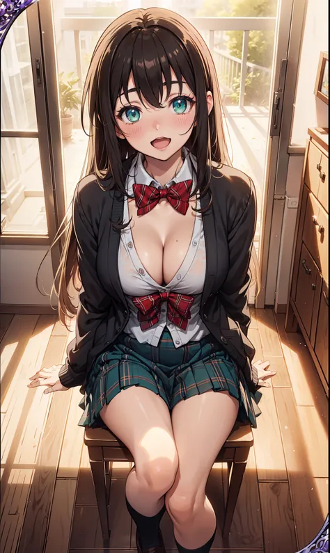 ((On Campus, best quality, high resolution,  Pixel Perfect, Depth of Field, 4K,))), 1 girl, single, solitary, Beautiful anime girl, Beautiful art style, Anime Characters, ((Long hair, Bangs, Dark brown hair, curls:0.8)), ((Green Eyes:1.4, Delicateeyes, bea...