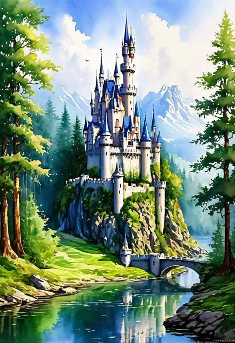 Masterpiece fairy tale castle in the forest, best quality, (beautiful view: 1.1), (realistic: 1.5), fire magic: 1.3), water color