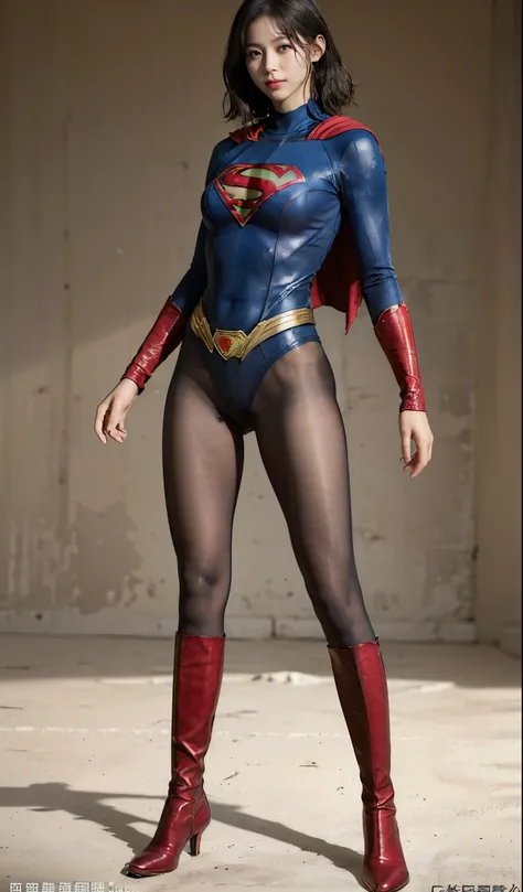 No background、(((Beautiful legs in black tights.)))、(((Legally express the beauty of your smile)))、((((Make the most of your original images)))、(((Supergirl Costume)))、(((Short beautiful hair)))、(((suffering)))、(((Please wear black tights....、Wear red boot...
