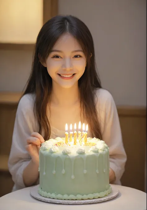 cute girl with a birthday cake in front of her、japanese、there is one lit candle on the cake.、she smiling、happy birthday、soft lig...