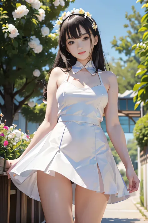 (Vulgar,nsfw),
((panty shot)),((lifting skirt)),((white panties focus)),(beautiful elegant white panties),♥low angle,from below,full body,((elegant white summer mini dress,1girl,cute,young,semi long beautiful black hair,blunt bangs,beautiful eyes,medium ,w...