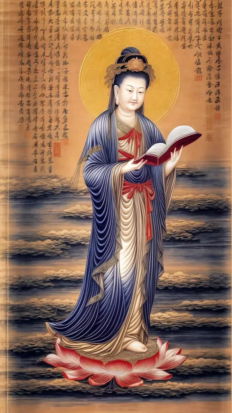 ((best quality)), ((masterpiece)),
((guanyin,1girl)),((chinese text,  text focus,wall of text)),water and cloud, lotus,full moon...