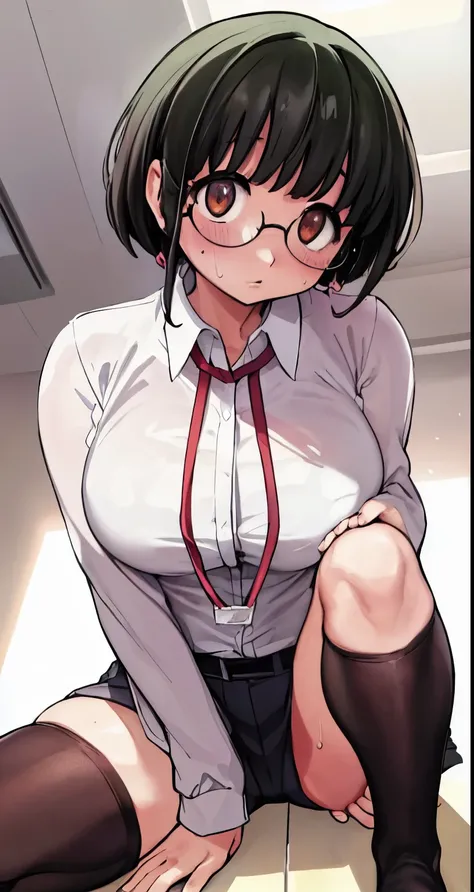 highest quality,(8K Portrait),(Official Art)、obesity、((short hair))、blush,((isark hair)),(Sweat),Black knee socks、One Woman,((:is))、hot、Office Room、Glasses、(Crouch:1.7)、(Wide-open legs:1.5)、whole body、Thin sweater、Big Breasts