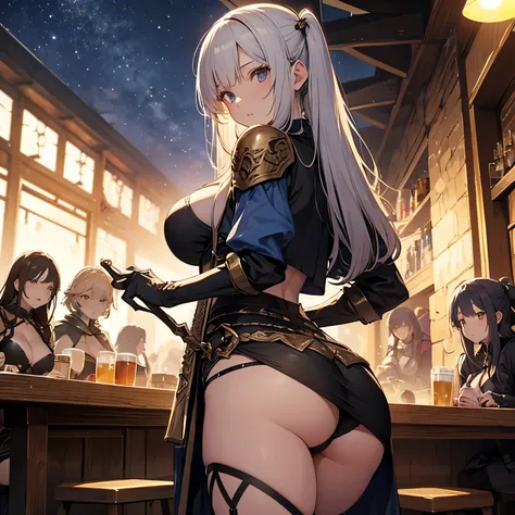 A group of female adventurers set in a medieval fantasy world, (At the pub), Mr.々Hair style, Harem, night, Detailed aspect, Short skirt, Seduce, No sleeve, armor 、showing off panties、Huge Breasts、Big Ass、wide waist width