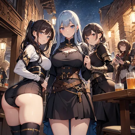 A group of female adventurers set in a medieval fantasy world, (At the pub), Mr.々Hair style, Harem, night, Detailed aspect, Short skirt, Seduce, No sleeve, armor 、showing off panties、Huge Breasts、Big Ass、wide waist width