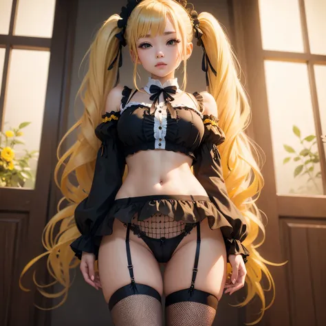 Blonde、Beautiful young woman、Twin tails、Yellow ribbon hair accessory、Beautiful five fingers、Black fishnet stockings、Thong