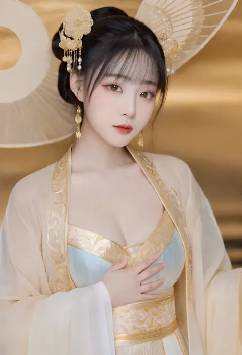 A hanfu-clad girl with semi-transparent attire, showcasing her ample breasts and detailed gold embroidery. She is enveloped in a misty aura, adding a naive and dreamy quality to her kawaii appearance.