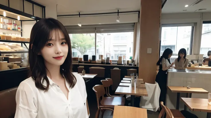 super high quality, Short Hair, Slender, Gravure photoshoot, The staff is working at the counter in the back., (8k、RAW Photos、highest quality、masterpiece:1.2), Japanese Idol, The cafe is crowded with people enjoying themselves., (Realistic、Photorealistic:1...