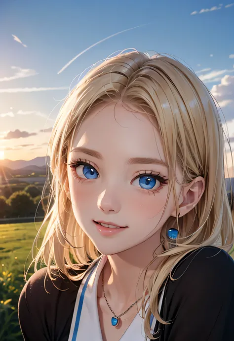 Absurd, Ultra-detailed,Bright colors,(In 8K:1.3),Masseter muscle area,Very beautifully detailed face and eyes, Age 25,(Smooth and straight blonde hair:1.3), (Shiny Hair:1.2), Delicate and beautiful face, blush、(Deep blue eyes:1.3), Smile、Close your mouth、(...