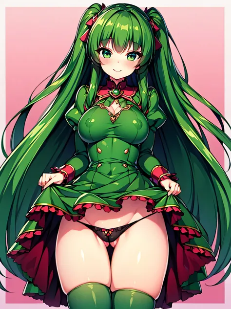 masterpiece、highest quality、Green detailed dress、black shiny knee socks、Wavy long hair、Super big 、Body-fitting clothing、Naughty smile、Pinch both ends of the skirt and lift it up、Pink panties、beautiful girl