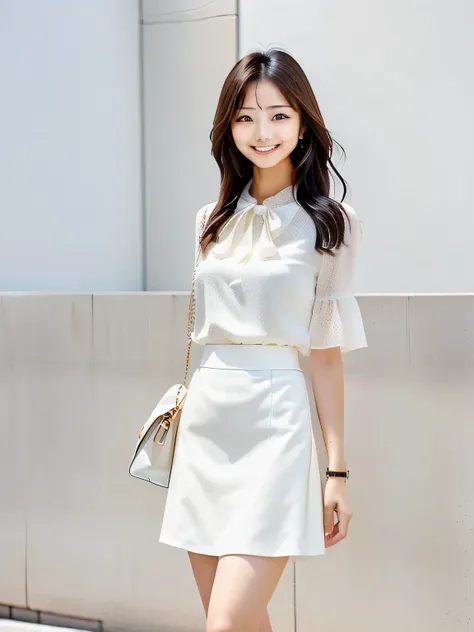 Close-up of a woman in a skirt and with a handbag, korean female fashion model, Cream colored blouse, Wearing a white skirt, Smooth white tight clothing suit, White fashionable clothes, Ulzzang, Japanese Girls , feminine in cute pastel shades, White, reluv...