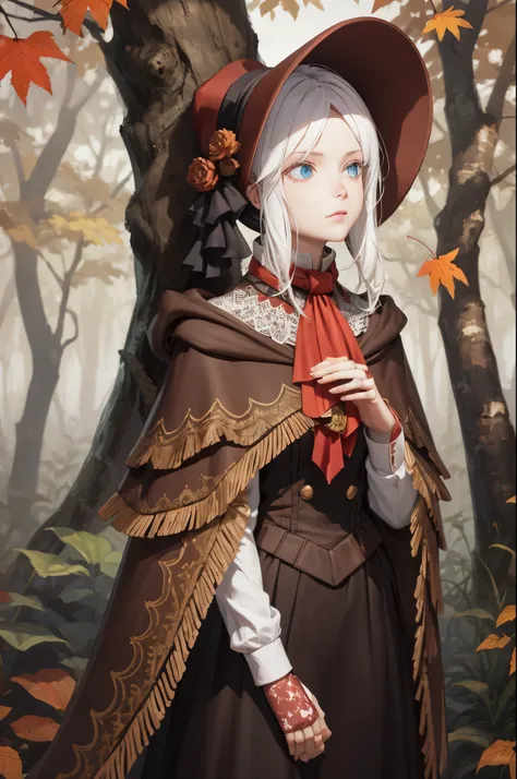 perfect eyes:1.2, detailed eyes:1.4, plaindoll, white hair, pale skin, white eyelashes, white eyelash, doll joints, bonnet, brown cloak, long dress, red ascot, emotionless, autumn, forest, fog, dead trees, muted color, cowboy shot, 1girl, solo, (masterpiec...