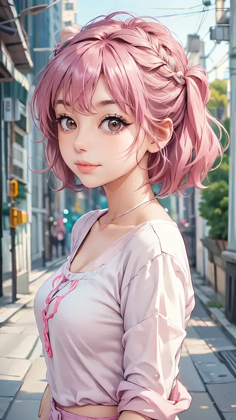 a cute , pink lips, wearing a bright white shirt, in the style of the soft aurorapunk color palette, an anime illustration of he...