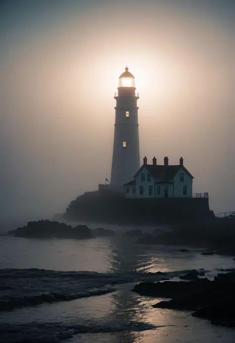 make it more creepy and misty, add a silhoutte of a giant monster in the mist above the lighthouse