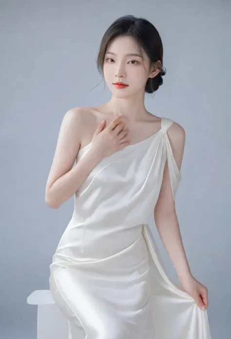 a young asian woman poses elegantly in a photo, wearing a silky white shoulder dress that clings to her slender, aristocratic fi...