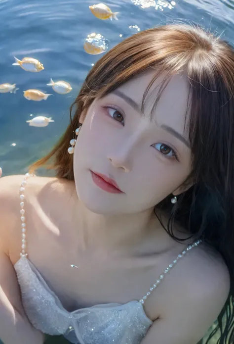 Visualize a single girl emerging from a crystal clear lake, her head and bare shoulders above the waterline.
Her long hair should appear to float and intertwine with pearls, seashells, and seaweed in the water.
Nearby, a few fish should be seen swimming, t...