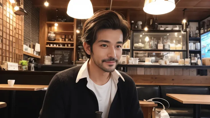 musician、A refreshing, handsome man in his 40s、（Super cool S-class guy）、Japanese Male, 40 years old、、Photo taken in a cafe、a handsome guy、（CG Unity 8K high resolution photo）、（Very detailedＳクラスのa handsome guy性）、（Realistic）、（highest quality））、Very detailed、s...