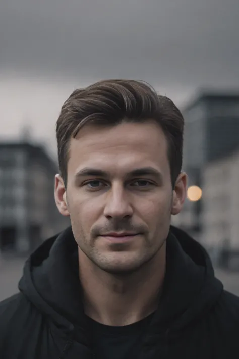 Please generate a high quality portrait of a German man with dark blond hair, which is located in an urban environment. Der Mann sollte mittleren Alters sein, etwa 30 bis 40 Jahre alt. Stellen Sie sicher, dass das Bild realistisch und konsistent ist, and t...