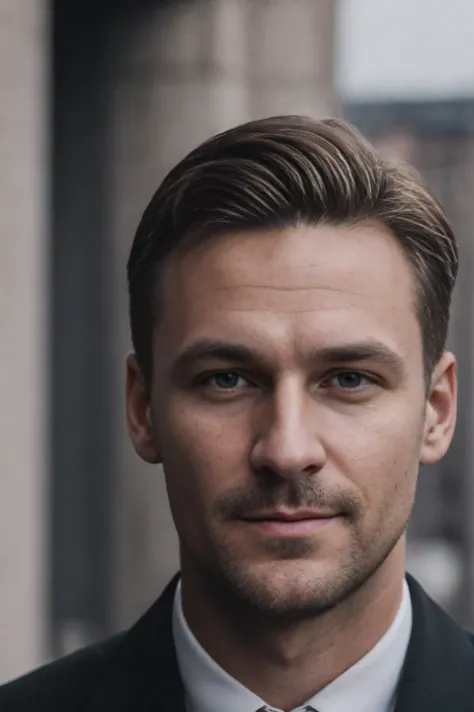 Please generate a high quality portrait of a German man with dark blond hair, which is located in an urban environment. Der Mann sollte mittleren Alters sein, etwa 30 sein Stellen Sie sicher, dass das Bild realistisch und konsistent ist, and that the gener...