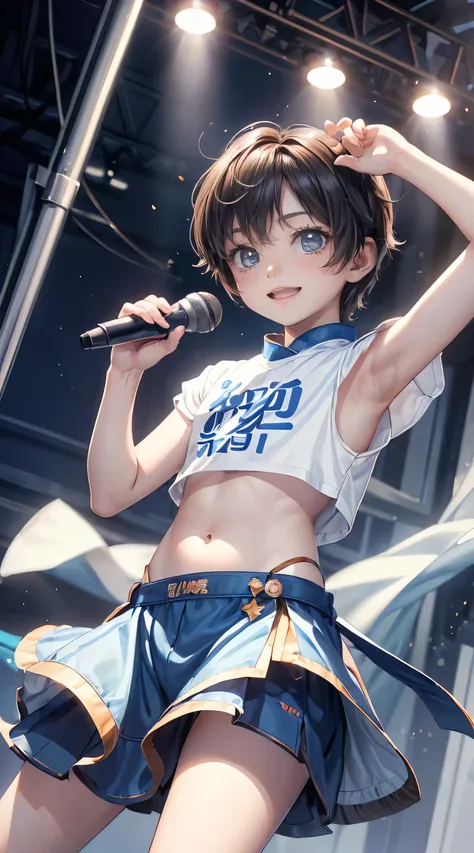 masterpiece、（highest quality)、((high resolution))、beautiful boy、((navel exposure、underarm shirt costume))、(beautiful eyes in eve...