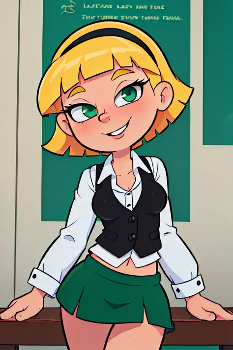 (best quality, masterpiece, RAW photo,ultra-detailed:1.2), 1girl ,looking at viewer, OlgaPataki, short hair, blonde hair, black eyebrows, green miniskirt, white shirt, black vest, black hairband, cartoon style, smile