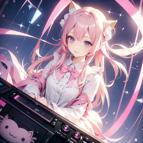 Cat with pink ribbon、Pink Hair、Pink eyes、Pink clothes、Gamer、headphone、Sparkle Effect