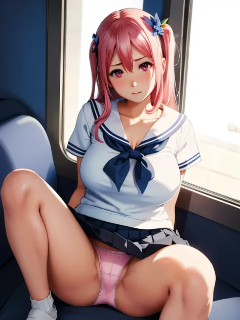 1girl in, Solo, (masutepiece, Best Quality:1.2), Realistic, hyper realisitic, Official, Detailed face, Face Focus, Mature Women, A MILF, chubby, cleavage, Blake Honoka, Pink hair, Hair Ornament,   coverd nippple，Sit down、Spread your legs、(White panties tha...