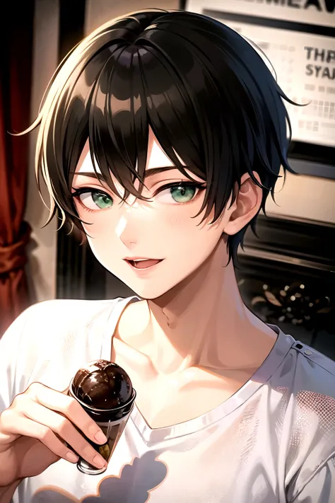 1boy, 20 years old, ((highest quality)), ((masterpiece)), (detailed), Perfect Face, emerald eyes, black short hair, wearing foodie