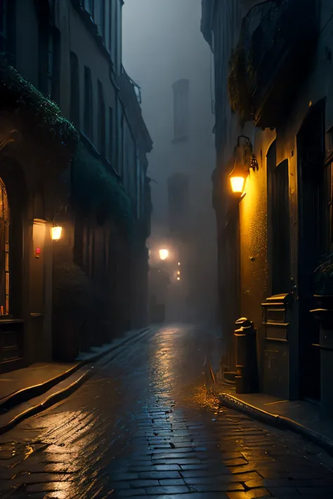 dark alley on a gloomy, mystical, lonely and mysterious night, a floor made of wet cobblestones, with gutters running accumulate...