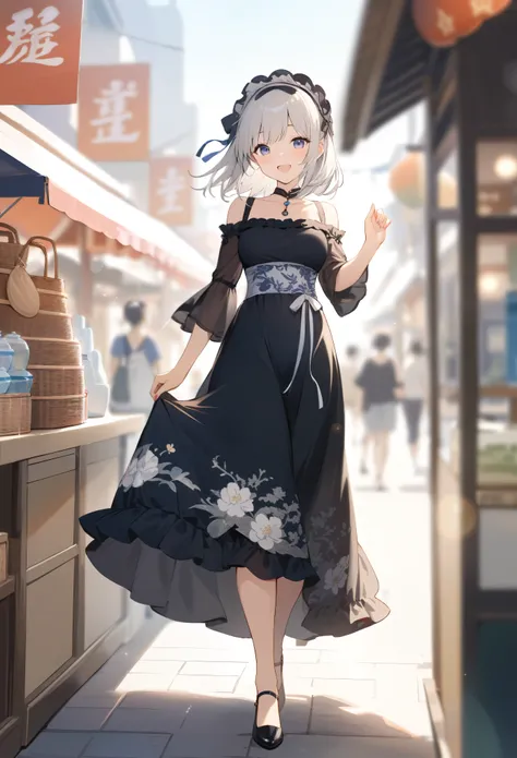 summer,cute 1girl,happy,walking in Yuyuan Tourist Mart, Shanghai, fashionable,Chinoiserie long Dress,black Midi Frill Petticoat,Ribbon Bijoux hairband,Jacquard Separate Pumps,lens flare,blurry,(depth of field:1.1),sunlight rays,masterpiece,best quality,