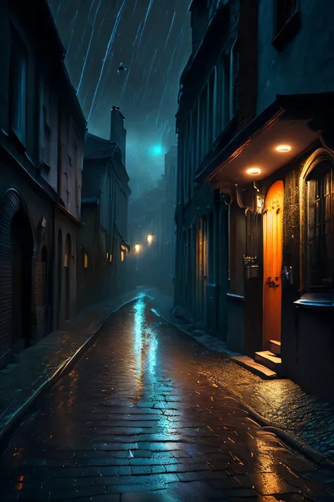 a dark alley on a gloomy, lonely and mysterious night, a floor made of wet cobblestones, with gutters running accumulated rainwa...