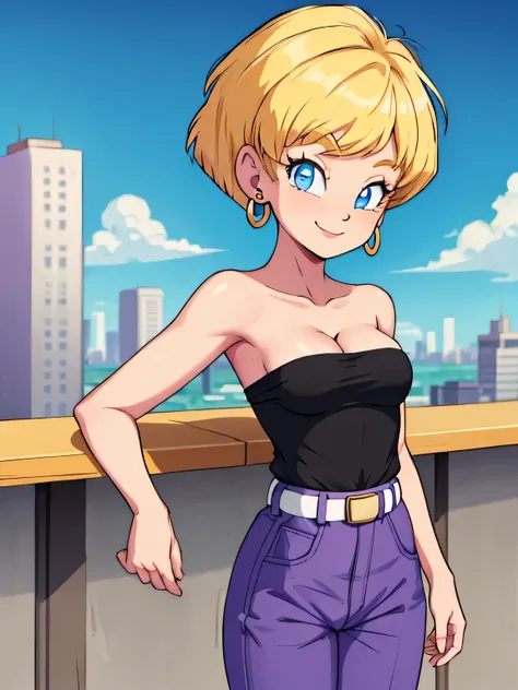 erasa, blonde hair, short hair, blue eyes, earrings, black shirt, strapless, cleavage, small breast, white belt, purple pants, 1 girl, solo, smile, seductive, city, sunlight, blue sky, Masterpiece
