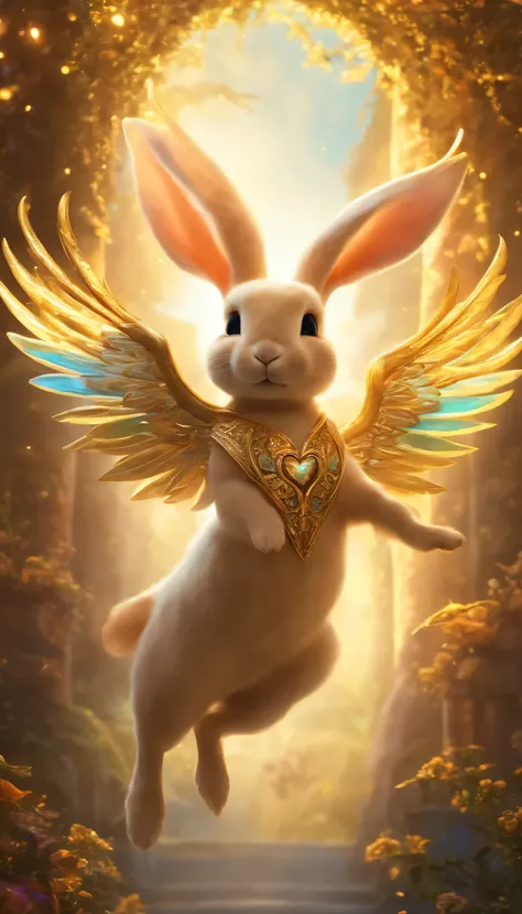 Winged Rabbit、Fantasy、mysterious、Wrapped in love、psychedelic、Jumping、Glowing in gold、god々Shii、Cute、cute、heart、Facing forward