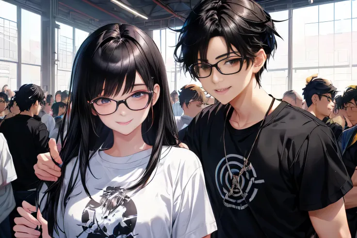 anime boy with black hair and glasses standing in a crowd, Artwork in the style of Guweiz, Anime style, Young anime man, Digital anime illustration, inspired by Yanjun Cheng, anime boy, Anime style, Smooth anime CG art,, Aesthetic award-winning anime，(Trai...