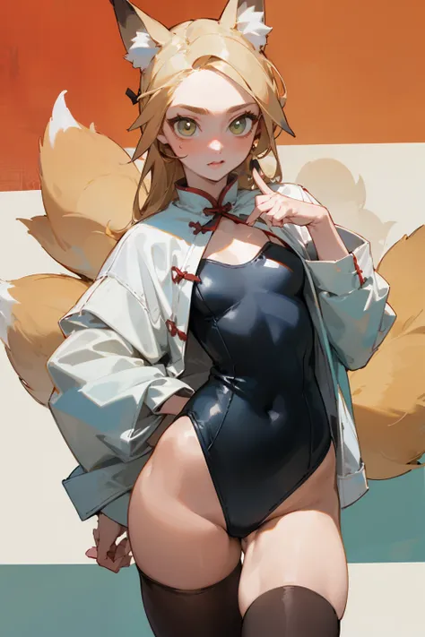 (masterpiece, best quality) detailed, Wearing black tights, Blonde ,elegant, (Fox ears)，Red Eyeshadow, ，Chinese element pattern，thigh，漏出thigh，White shirt，Deep V one-piece swimsuit