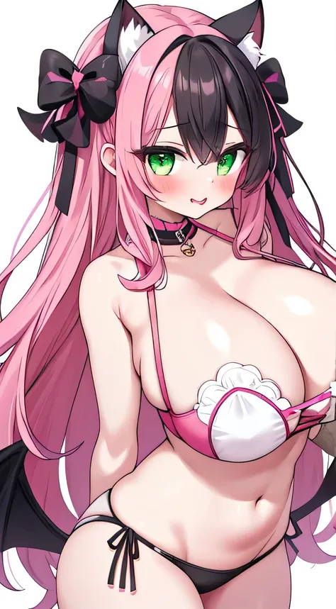 1 Girl，Masterpiece，Pink hair，Long hair，Black hair band，Cat ear，Devil Horns，Angel Halo，A cross on the forehead，Horns，Green eyes，Stick out your tongue，Brown skin，Slobber，blush，Seductive expression，Huge breasts，Sagging breasts，Huge breasts，Put your hands behi...